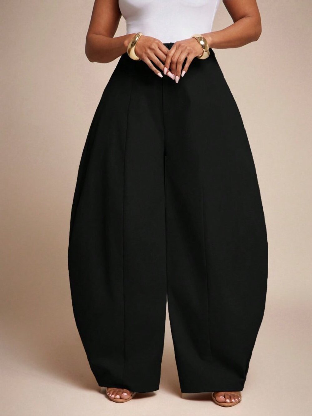 Black Elegant Women's Seam Detail High Waist Barrel Leg Office Pants - Picture 5 of 5